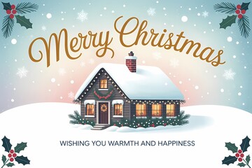 Merry christmas card featuring a snow covered house with holly and snowflakes illustration