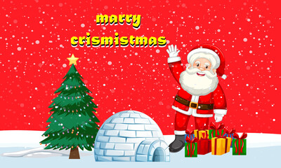 Santa Claus Waving with Christmas Tree and Gifts on Snowy Background