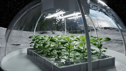 Futuristic lunar hydroponic greenhouse dome nurturing plants for a colonization experiment, with Earth rising over the moons surface as a backdrop to sustainable agriculture research
