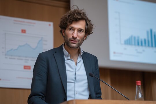 The Speaker: A captivating image of a poised individual, in the midst of a presentation, delivering compelling insights, standing behind a podium.