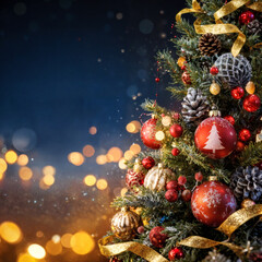 Christmas Tree with Red and Gold Ornaments and Warm Bokeh Lights
