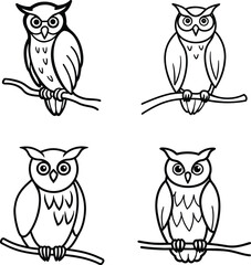 Owl perched on branch sketch line art vector illustration