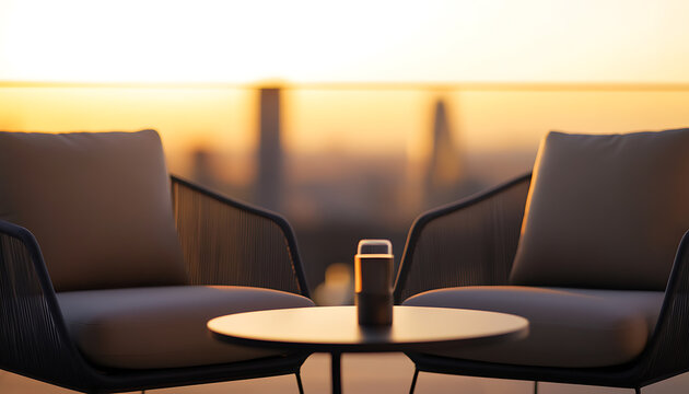 Rooftop Relaxation: Two comfortable chairs and a small table provide an intimate setting against a blurred skyline backdrop, bathed in the warm hues of sunset.