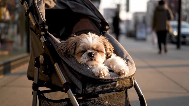 The adorable shih tzu pup is quietly napping in a pet stroller, set against a city backdrop with pedestrians walking in the blurry background during sunset