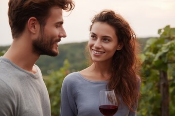 Romantic Wine Moment: A tender moment shared between a couple amidst a vineyard landscape, gazing into each other's eyes, with a glass of wine in hand, creating an atmosphere of love and connection.