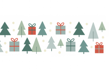 Christmas trees and gift boxes seamless pattern with snowflakes, transparent background for festive winter holidays design