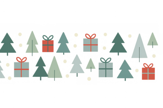 Christmas trees and gift boxes seamless pattern with snowflakes, transparent background for festive winter holidays design