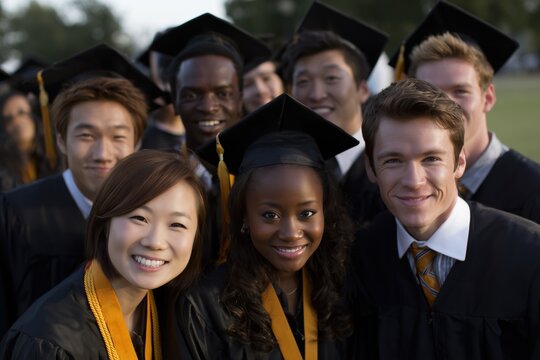 Celebrating Success: A group of recent graduates stands proudly, beaming with smiles and wearing caps and gowns, ready to take on the world after their achievements.