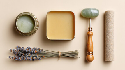 Spa and wellness essentials with jade roller, lavender, and natural cosmetics. This image showcases a collection of spa and beauty products for relaxation and skincare