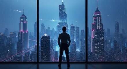 Silhouette of business person at window overlooking twilight cityscape