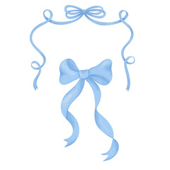 Watercolor set of  blue bow, ribbon silk, illustration for design.