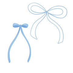 Watercolor set of  blue bow, ribbon silk, illustration for design.
