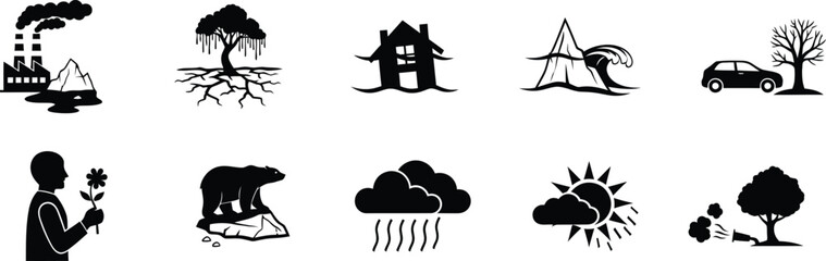 Collection of silhouette icons representing environmental issues and nature conservation efforts