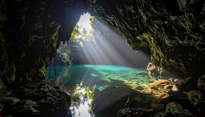 Sunlight streams into a dark cave, illuminating a turquoise pool