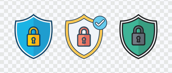 Three shield icons with padlocks symbolizing cybersecurity protection, data privacy, and digital information security design
