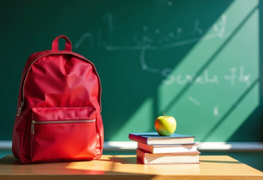 bright red backpack standing on a school desk on the left, a stack of books with a green apple on top placed next to it, right side of the desk left empty for text placement - Powered by Adobe