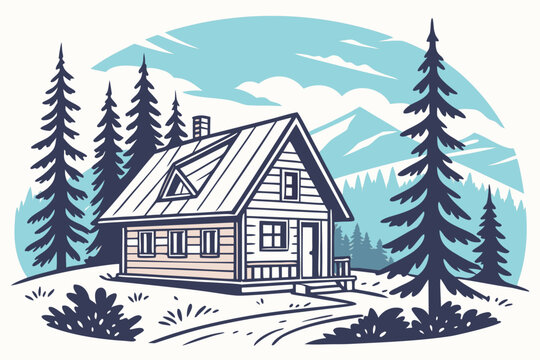 Retro vintage mountain cabin illustration with scenic landscape - Powered by Adobe