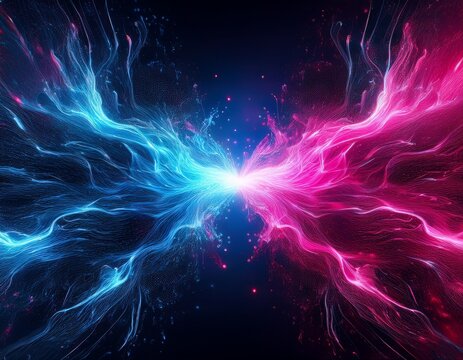 two opposing streams of pink and blue particles colliding digital conflict or data fusion concept an abstract representation of energy communication and futuristic technology