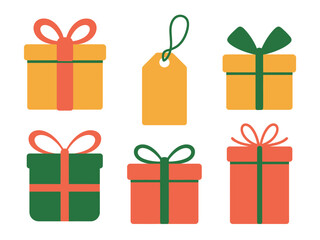 A collection of gift boxes and a gift tag are displayed against a white background.