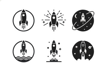 Set of six rocket ship icons depicting space exploration and travel