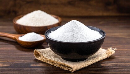 Two bowls of white powder, one larger than the other, on a wooden surface. A wooden spoon with a smaller amount of white powder is next to the bowls. A burlap napkin is beneath the bowls