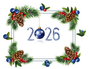 Marco año nuevo 2026 decoración navideña pino piñas bayas azules rojas esfera fondo blanco
