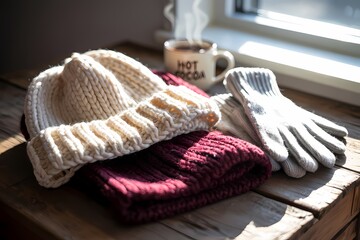 Winter accessories on wooden surface with a mug of hot cocoa near a window in soft natural light