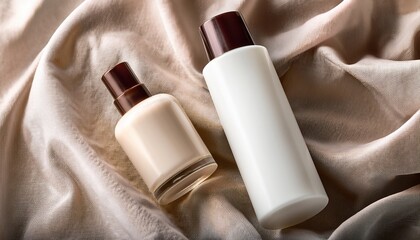 cream cosmetic bottles on fabric