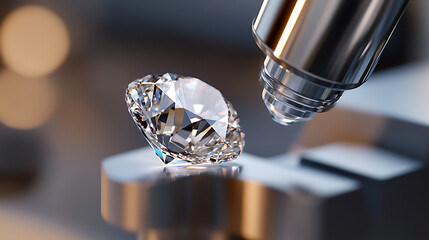 A pristine diamond sparkles under examination, its facets reflecting light. Precision tool hovers, ready to analyze its clarity and structure. A treasure revealed.