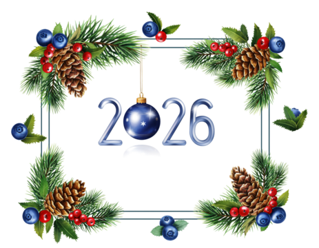 Marco año nuevo 2026 decoración navideña pino piñas bayas azules rojas esfera fondo blanco
