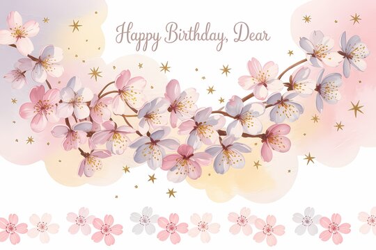Happy birthday dear card with cherry blossoms and gold stars on a pastel watercolor background design