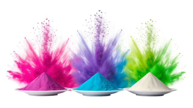Colorful holi powder exploding in vibrant plumes against a black background