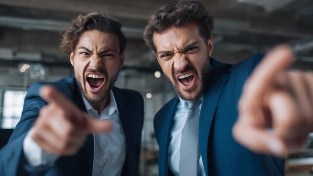 Furious Confrontation: Two individuals in formal attire, embodying intense anger and frustration. Their faces are contorted with rage, accompanied by pointing gestures.