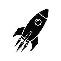 Black Rocket Ship Icon Launching into Outer Space with Fiery Exhaust Trails