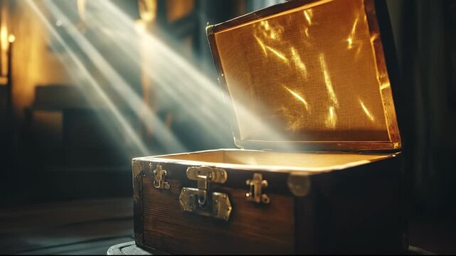 A wooden treasure chest stands open, revealing a warm golden interior lit by beams of soft light. The treasure chest draws attention with its rich textures and alluring atmosphere.