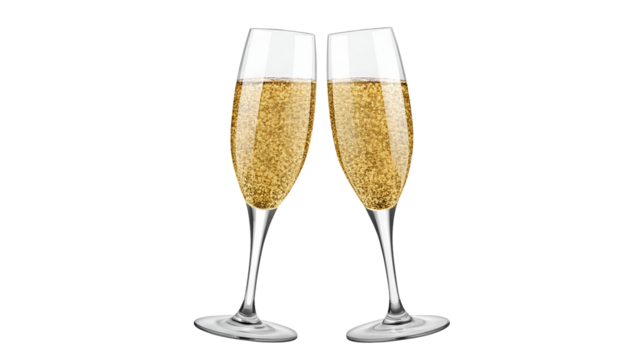 Two champagne flutes filled with bubbly golden champagne clinking together