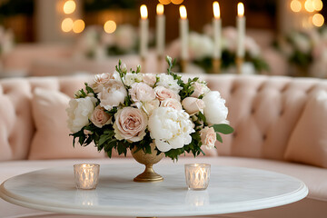 Floral centerpiece on a marble table with candles, adding soft light. A plush couch provides a soft background, creating a peaceful & romantic atmosphere.