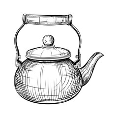Tea kettle. Vector hand drawn illustration of teapot in engraved style. Metal and enameled household kitchen utensils. Black and white sketch isolated on white background