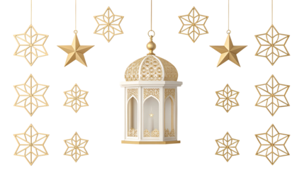 Golden ramadan lantern and star decorations on black background