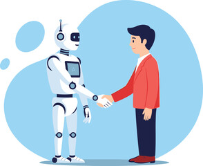 Simple vector illustration of AI robot shaking hands with human, modern technology cooperation.