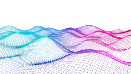 Abstract digital landscape of glowing neon waves on black background