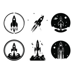 Set of six rocket launch illustrations with transparent background