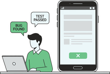 Simple vector illustration of developer testing mobile app, technology concept.
