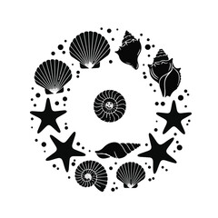 Collection of Seashells and Starfish Arranged in a Circular Pattern