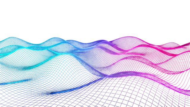 Abstract digital landscape of glowing neon waves on black background
