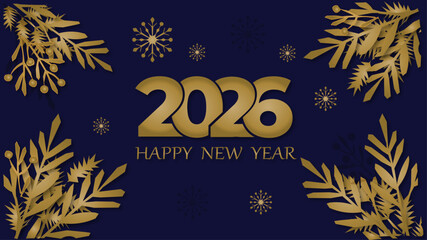 Happy New Year 2026. Greetings holiday card with shining gold glitter. Vector illustration greeting card.