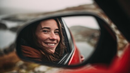 Woman smiles while looking out from a moving car side mirror