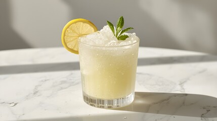 Refreshing lemon granita drink served in a glass with crushed ice, lemon slice, and mint garnish, glowing in bright natural sunlight.