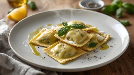 Fresh spinach and cheese ravioli served with olive oil, basil, and black pepper on a white plate, capturing the essence of authentic Italian cuisine.