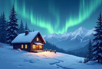 Fototapeta premium Snowy mountain cabin with glowing windows, Northern lights in sky, serene winter illustration